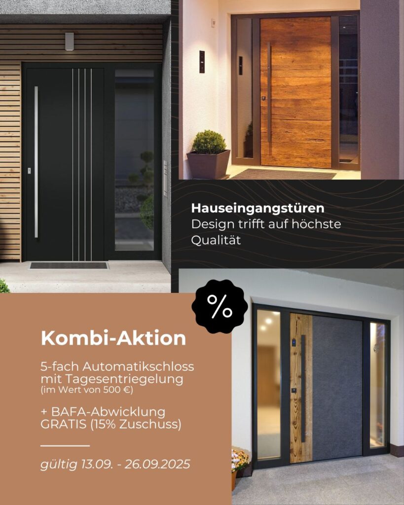 Werbung für Haustüren-Aktion: 5-fach Automatikschloss (Wert:500 €) und BAFA-Abwicklung kostenlos (13.9.-26.9.