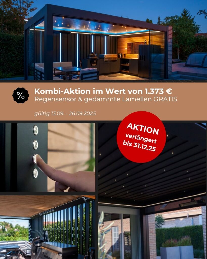 Aktion für Lamellen-Pergolas: Regensensor & gedämmte Lamelle GRATIS. Bis 31.12.25 verlängert.