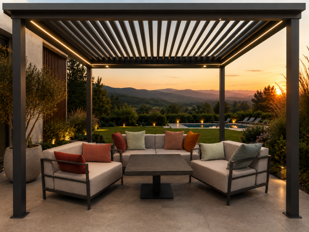 Moderne Outdoor-Lounge mit hellen Polstern und farbigen Dekokissen unter einer hochwertigen Lamellenpergola aus Aluminium. Die stilvolle Sitzgruppe mit Couchtisch steht auf einer großzügigen Terrasse mit Blick in einen gepflegten Garten und vermittelt exklusives Premium Outdoor Living.