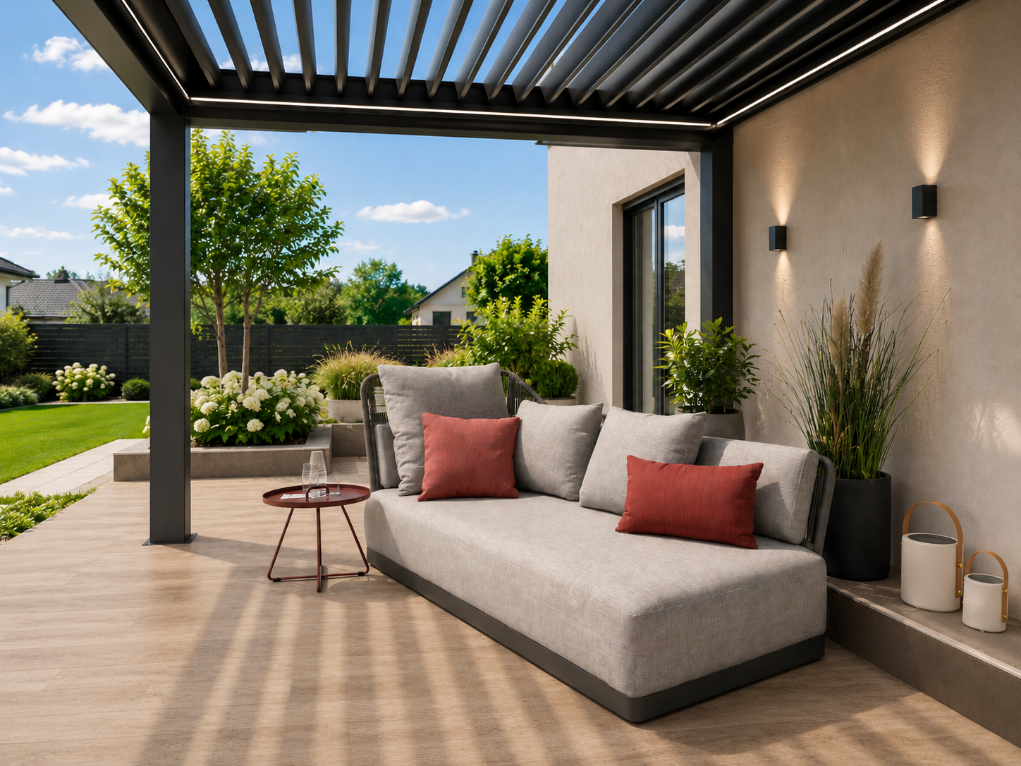 Exklusives Outdoor-Daybed unter einer modernen Lamellenpergola auf einer stilvoll gestalteten Terrasse. Warme Holzakzente, hochwertige Outdoor-Textilien und ein gepflegter Garten schaffen eine elegante Wohlfühlatmosphäre für entspanntes Outdoor Living.
