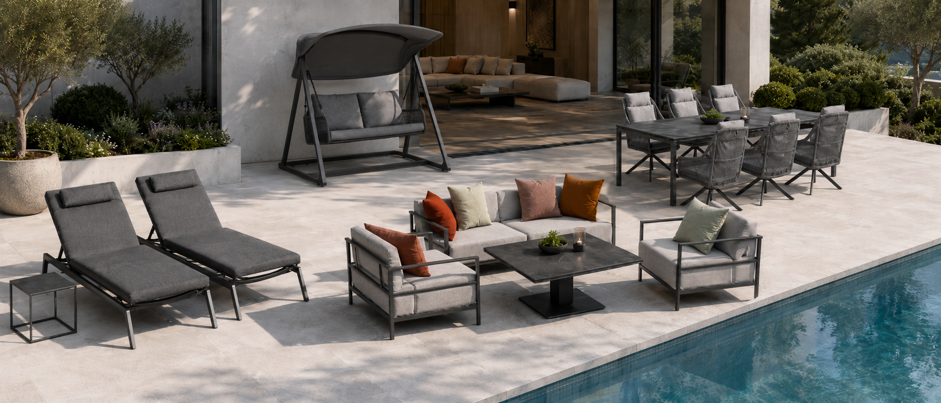 Outdoor-Möbel von K-Design auf einer hochwertig gestalteten Terrasse