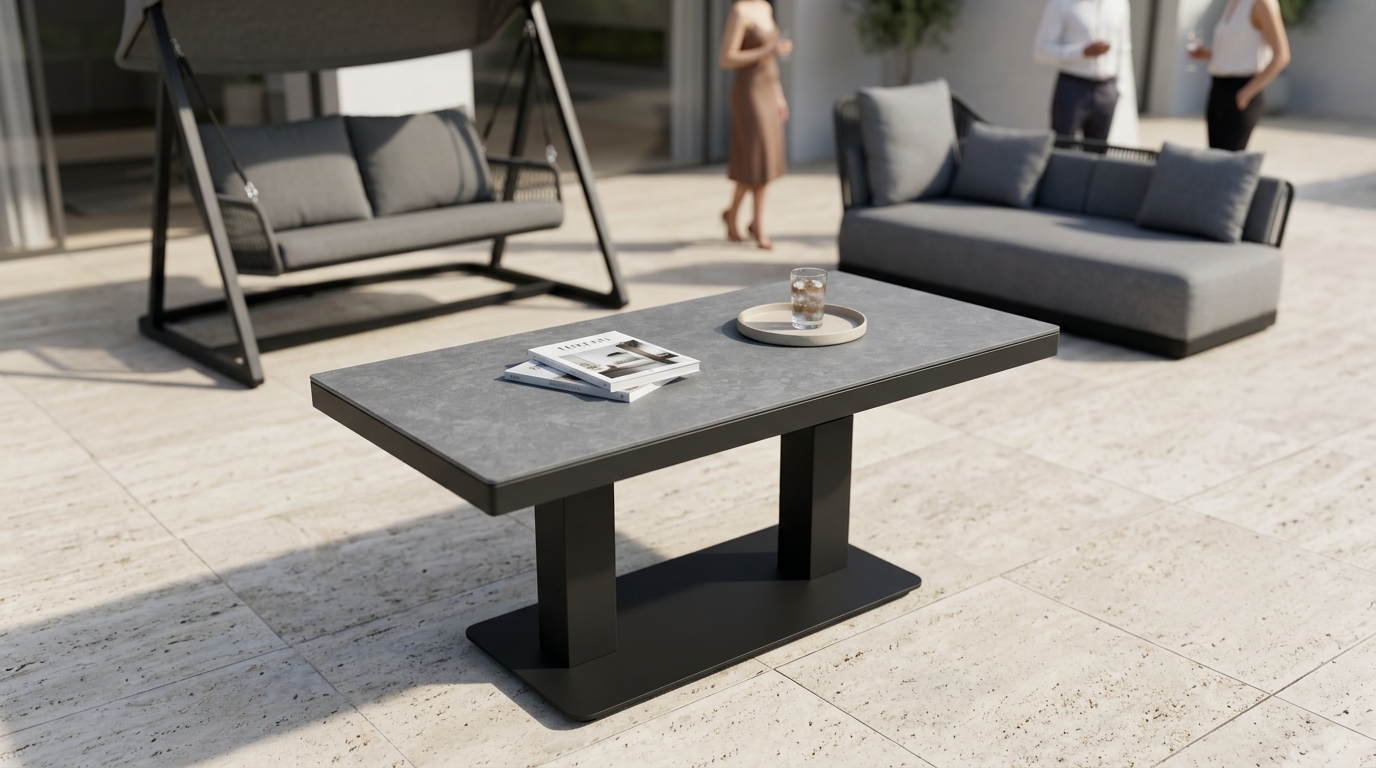 K-Design Level Lift 138 × 80 als höhenverstellbarer Outdoor-Loungetisch auf einer Terrasse