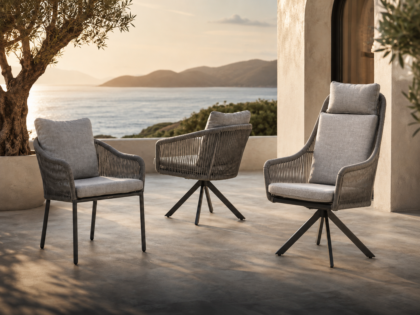 Sechs K-Design Edge High Outdoor-Sitzmöbel an einem Diningtisch auf einer modernen Terrasse