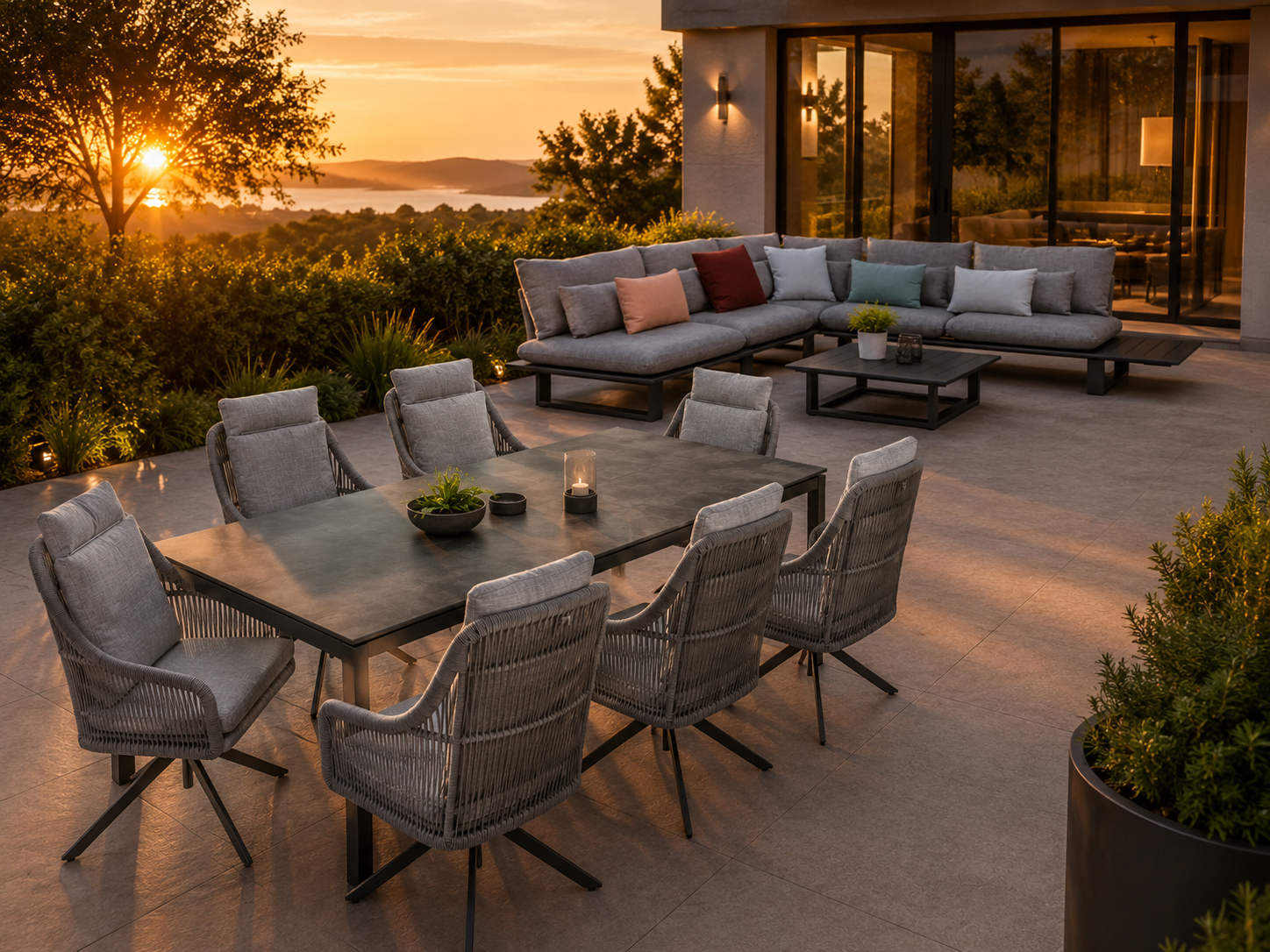 K-Design Loft High Spin Outdoor-Sessel in einer hochwertig gestalteten Lounge-Szene