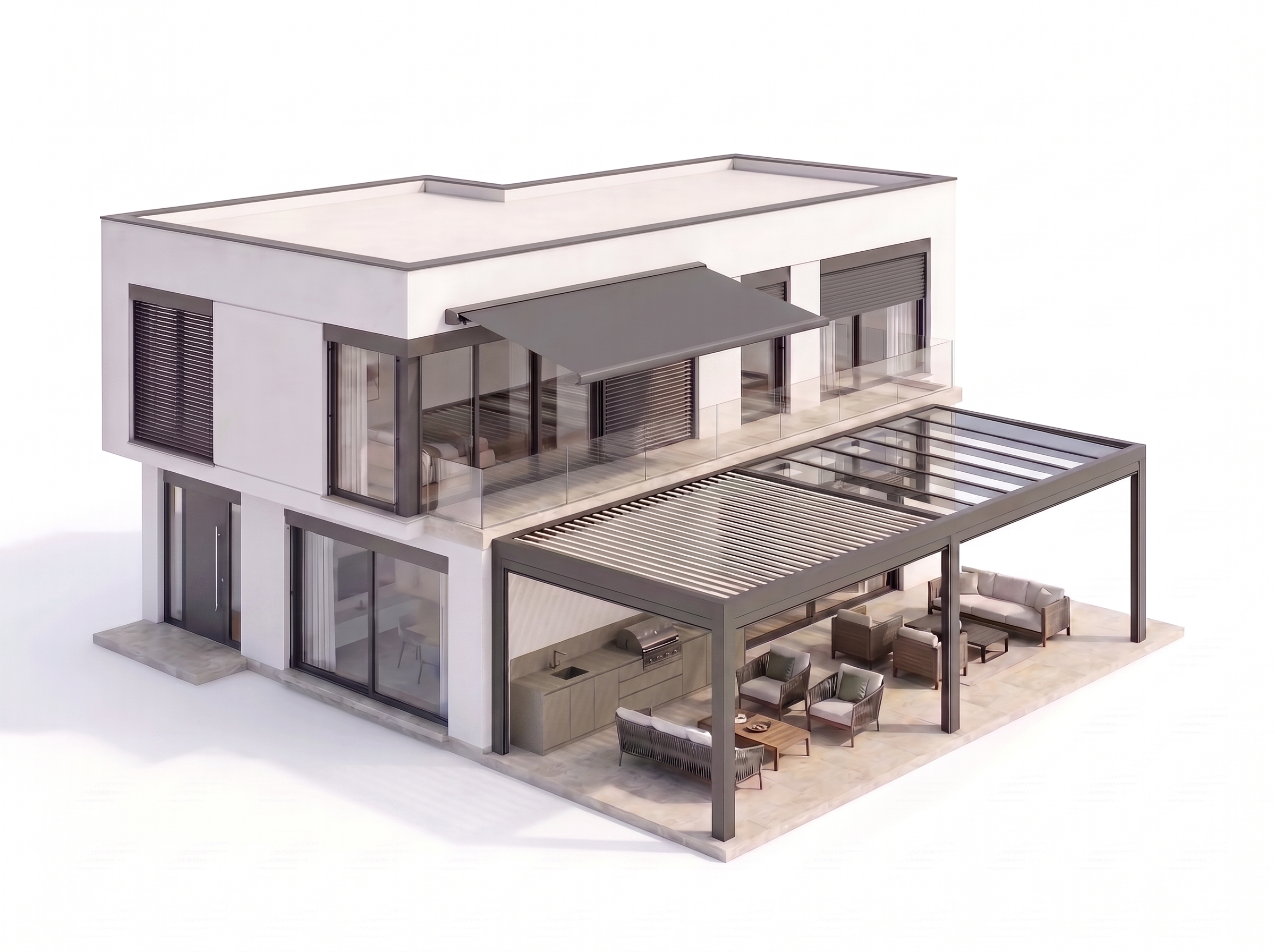 Moderne Bauhaus-Villa mit Fenstern, Haustüren, Fensterbeschattung, Markise, Terrassendach, Lamellen-Pergola, Outdoor-Möbeln und Freiluftmanufaktur Outdoor-Küche