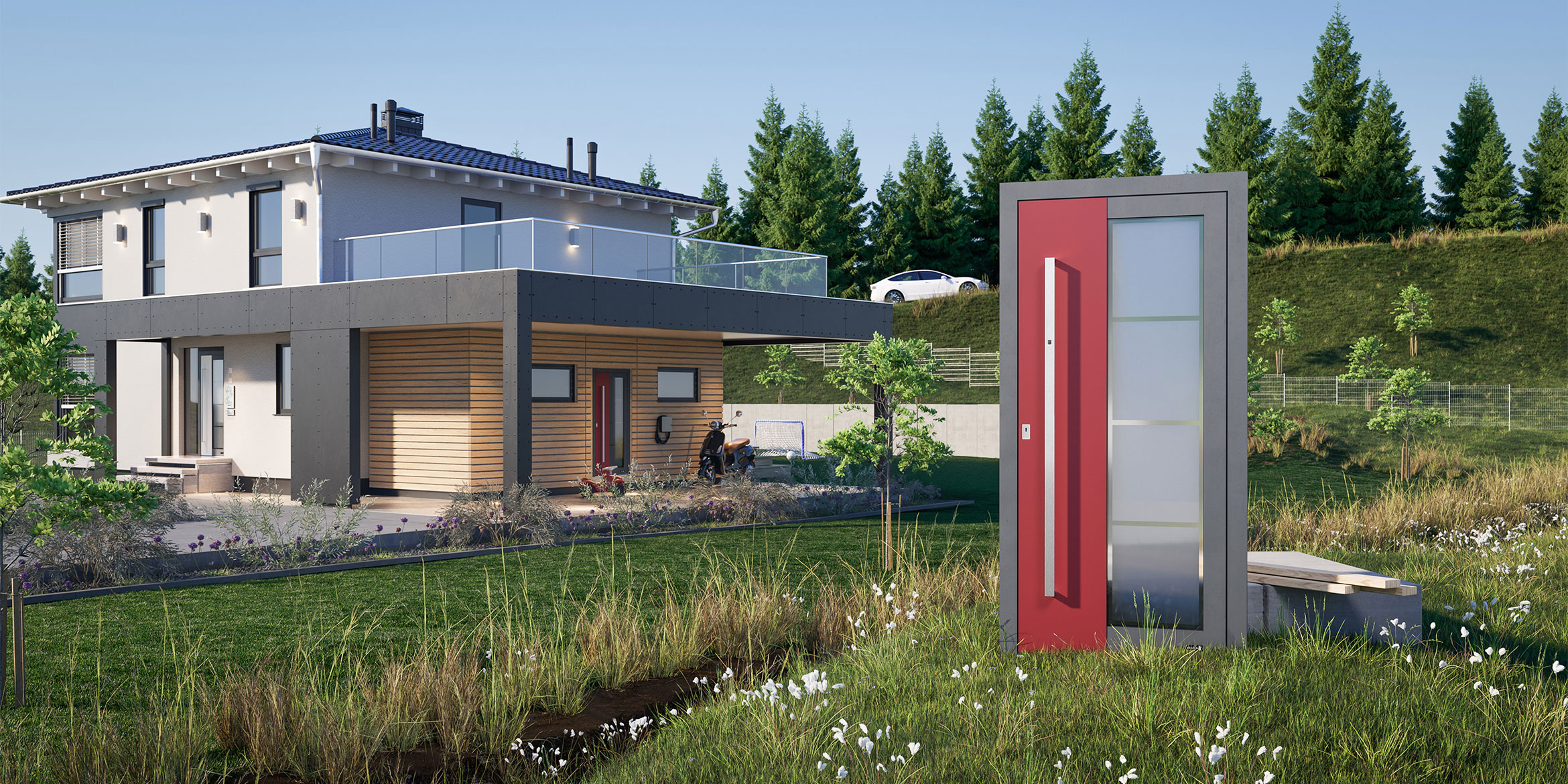 Aluminium-Haustür CONSTRUCTIVE aus dem KÖSTER Programm in Rot mit Glas