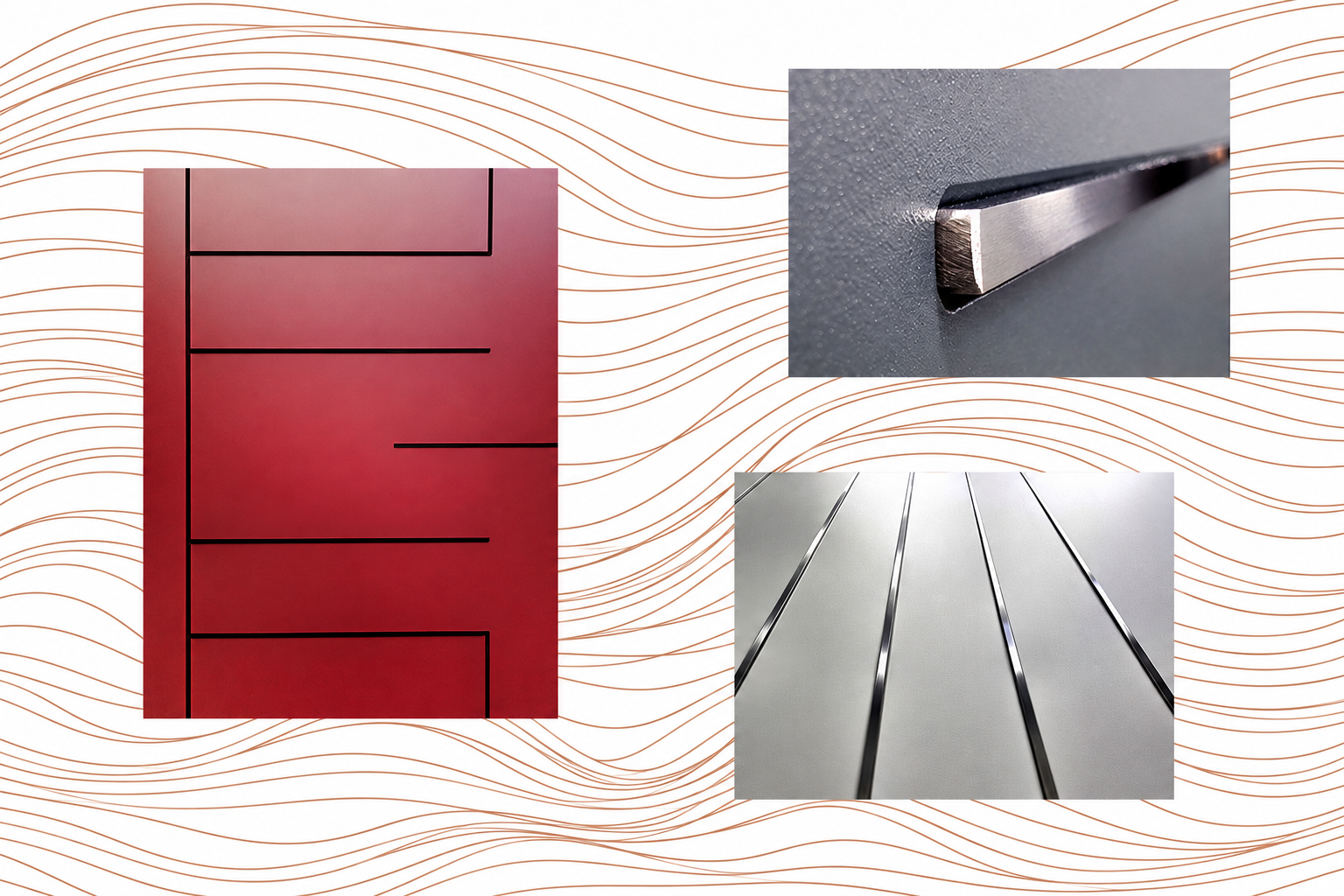 Detailansicht feiner Lisenen und Design-Applikationen bei Aluminium-Haustüren von Kutz mit roten und silbernen Oberflächen sowie metallischen Akzenten.