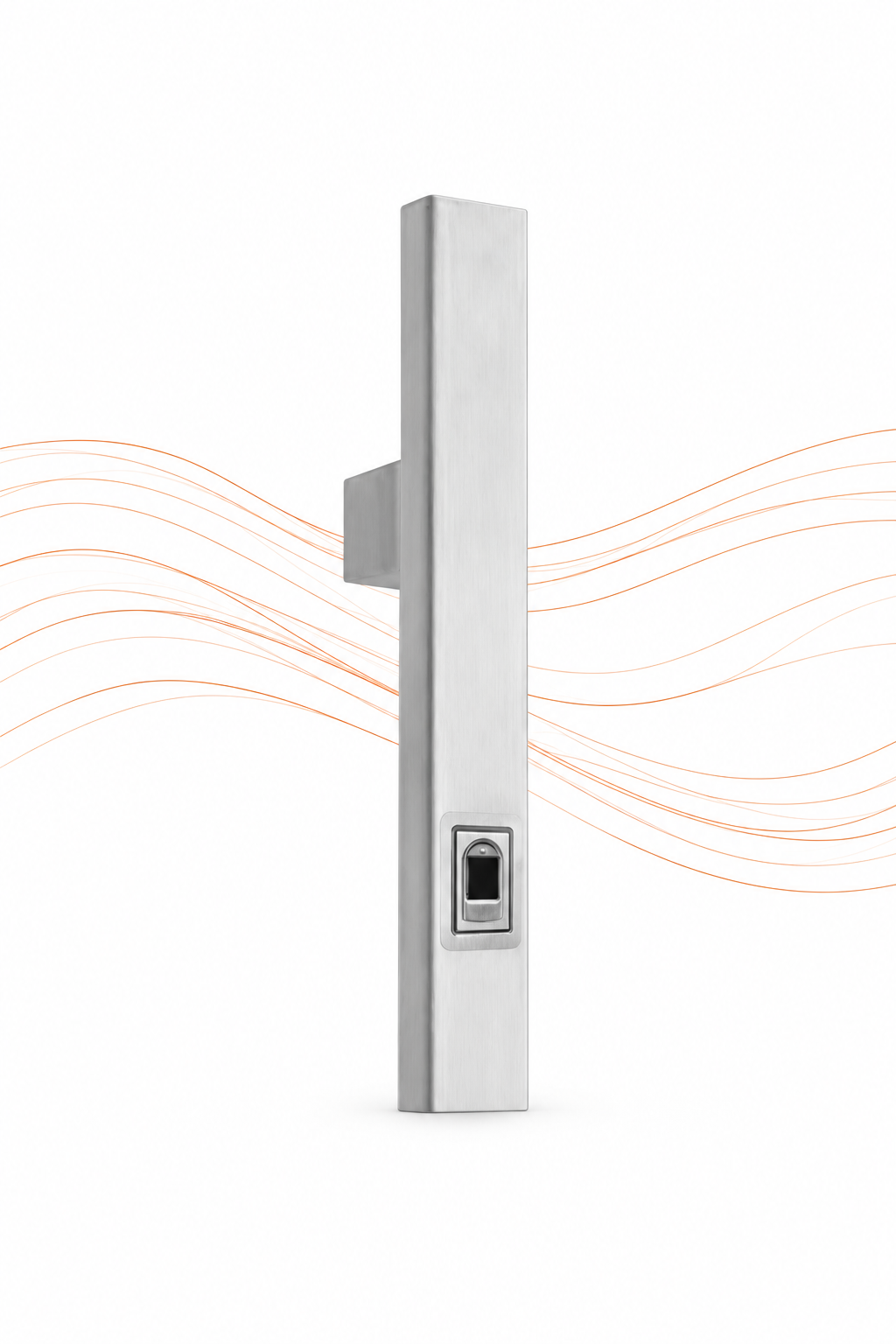 Edelstahl-Stoßgriff für Aluminium-Haustüren bei Kutz mit integriertem Fingerprint-Sensor für schlüssellosen Zutritt.