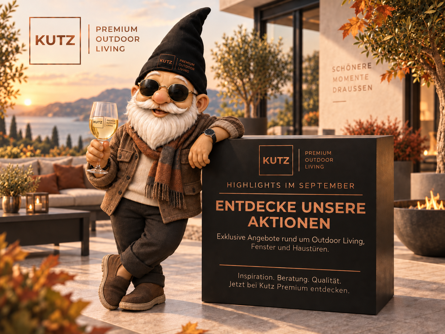 Kutzi präsentiert die September-Aktionen von Kutz Premium rund um Outdoor Living, Fenster und Haustüren in spätsommerlicher Atmosphäre.