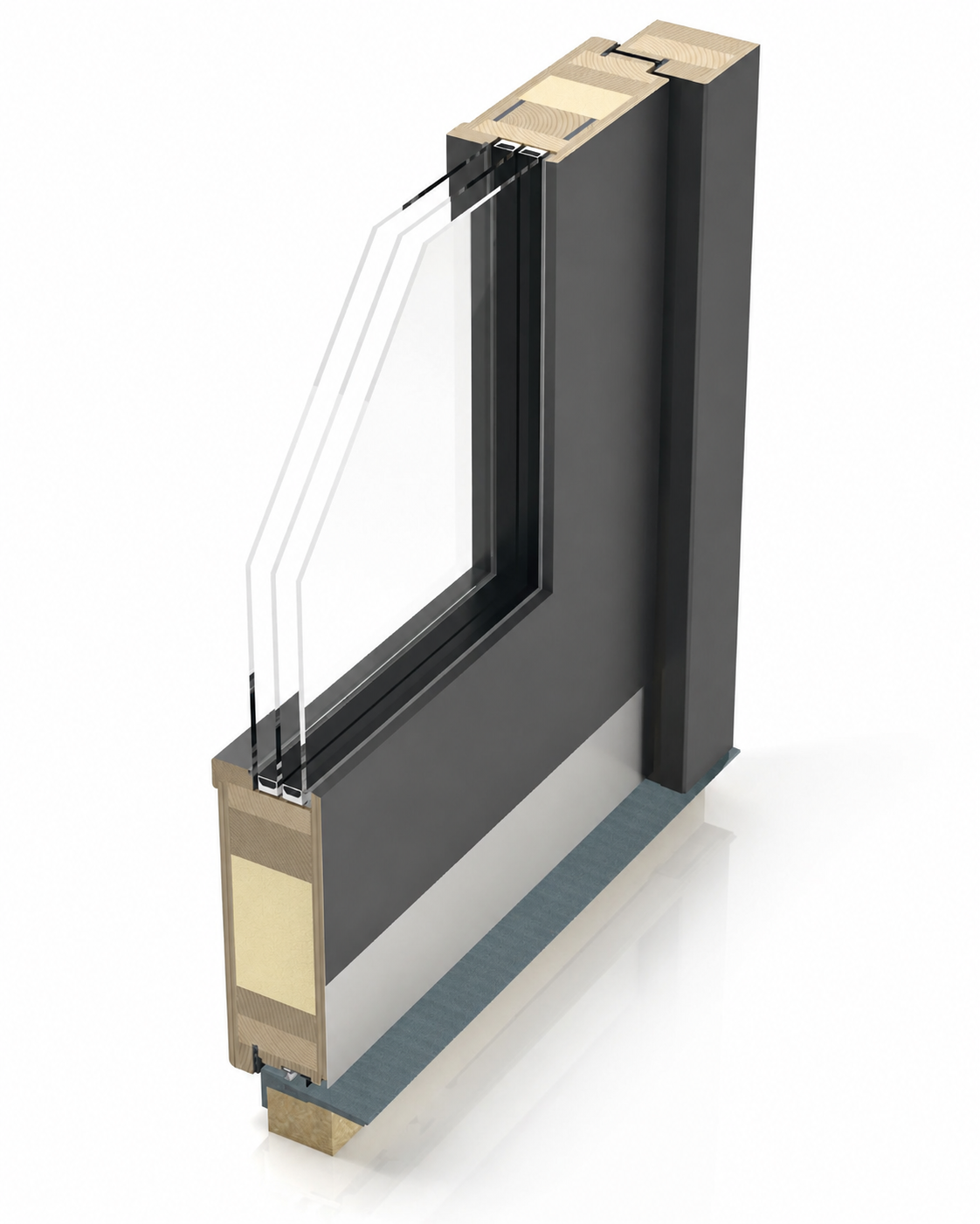 Technischer Schnitt einer Holzhaustür von Kutz mit TRENDTÜREN System – Aufbau mit Holzrahmen, Dämmkern und Dreifachverglasung.